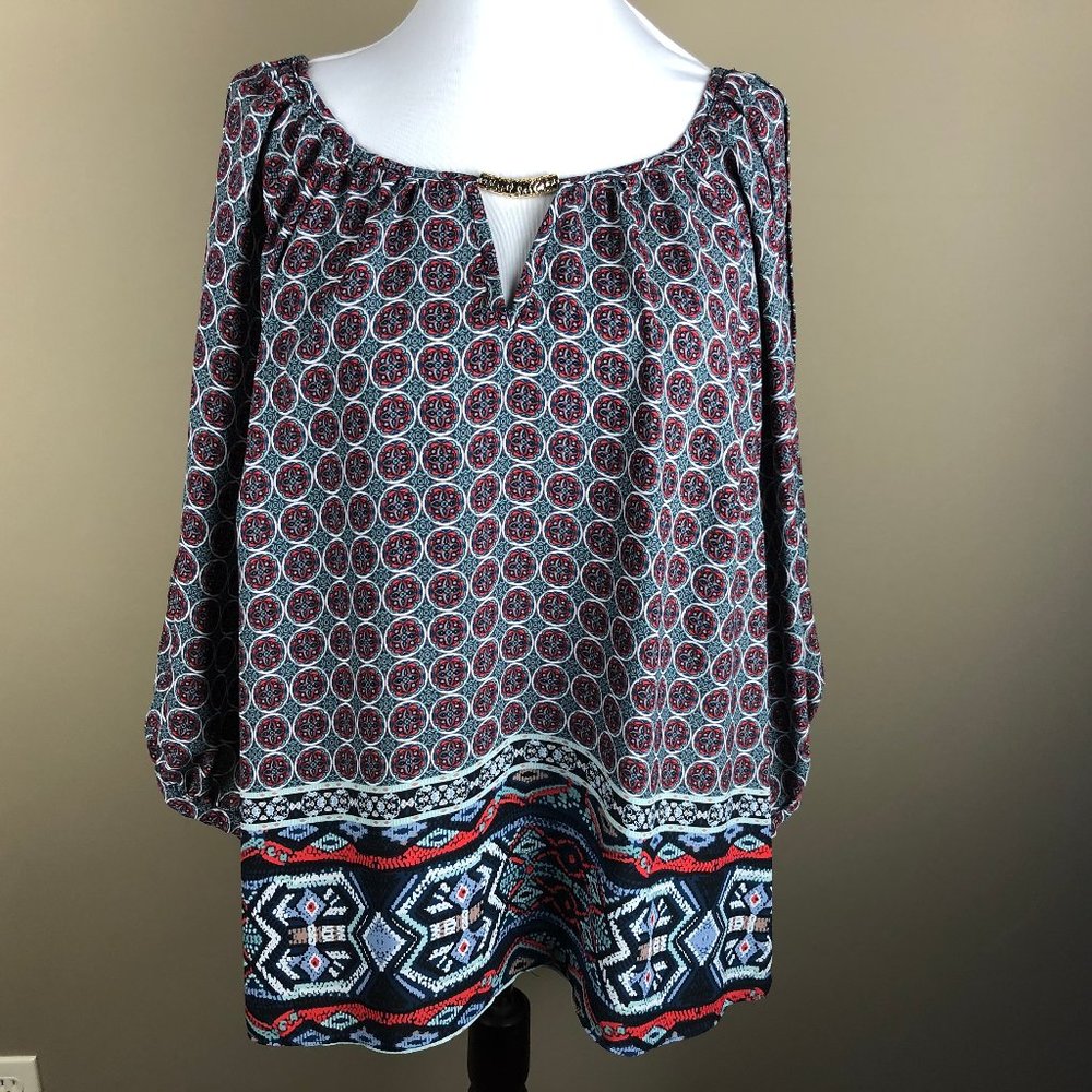 Iz Byer 3/4 Sleeve Blouse Plus Size 1X Blue Red Ta